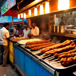 **Prompt:** A Pakistani/Indian street food stall overflowing with seekh kebabs, boti kebabs, and chicken tikka, with bottles of local beer visible in the background. Warm lighting, bustling atmosphere.