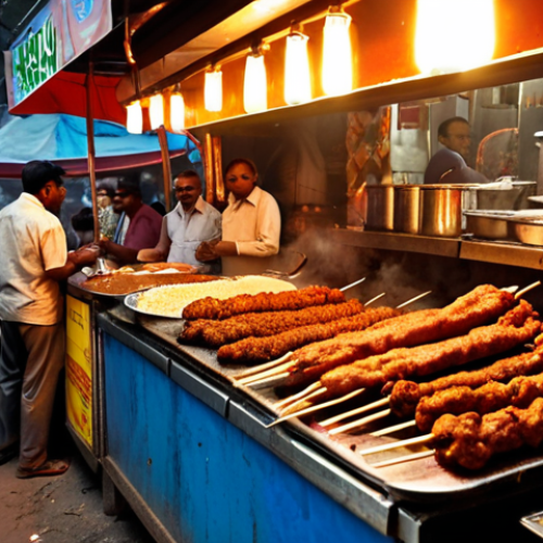 **Prompt:** A Pakistani/Indian street food stall overflowing with seekh kebabs, boti kebabs, and chicken tikka, with bottles of local beer visible in the background. Warm lighting, bustling atmosphere.