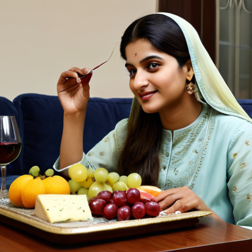 **

"A woman in a modest, fully clothed traditional Pakistani dress, perhaps a shalwar kameez, sits comfortably in a living room. Soft lighting, relaxed atmosphere.  She is enjoying a glass of red wine with a cheese platter and some fruit.  Safe for work, appropriate content, professional photograph, perfect anatomy, natural proportions, fully clothed, modest attire, family-friendly setting, well-formed hands, proper finger count."

**