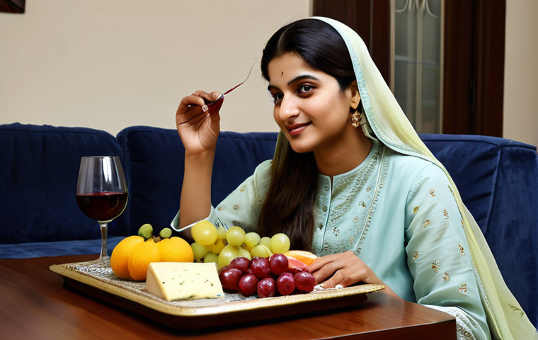 **
"A woman in a modest, fully clothed traditional Pakistani dress, perhaps a shalwar kameez, sits comfortably in a living room. Soft lighting, relaxed atmosphere. She is enjoying a glass of red wine with a cheese platter and some fruit. Safe for work, appropriate content, professional photograph, perfect anatomy, natural proportions, fully clothed, modest attire, family-friendly setting, well-formed hands, proper finger count."
**