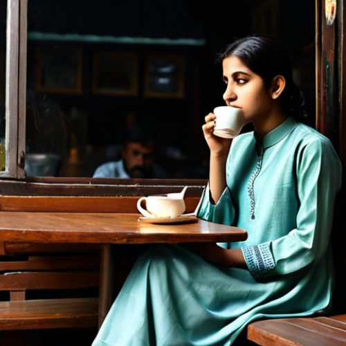A Solitary Moment of Reflection**

"A young woman, fully clothed in a modest shalwar kameez, sitting alone at a table in a dimly lit cafe. She is sipping a drink, possibly tea or juice, and gazing thoughtfully out the window. The cafe has traditional Pakistani decor. Safe for work, appropriate content, professional, perfect anatomy, natural proportions, well-formed hands, proper finger count. The scene evokes a sense of quiet contemplation. family-friendly."

**
