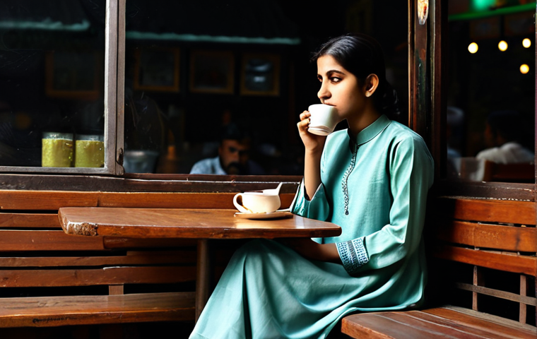 A Solitary Moment of Reflection**
"A young woman, fully clothed in a modest shalwar kameez, sitting alone at a table in a dimly lit cafe. She is sipping a drink, possibly tea or juice, and gazing thoughtfully out the window. The cafe has traditional Pakistani decor. Safe for work, appropriate content, professional, perfect anatomy, natural proportions, well-formed hands, proper finger count. The scene evokes a sense of quiet contemplation. family-friendly."
**